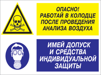 Кз 78 опасно - работай в колодце после проведения анализа воздуха. имей допуск и средства индивидуальной защиты. (пленка, 400х300 мм) - Знаки безопасности - Комбинированные знаки безопасности - Магазин охраны труда ohranatruda-shop.ru